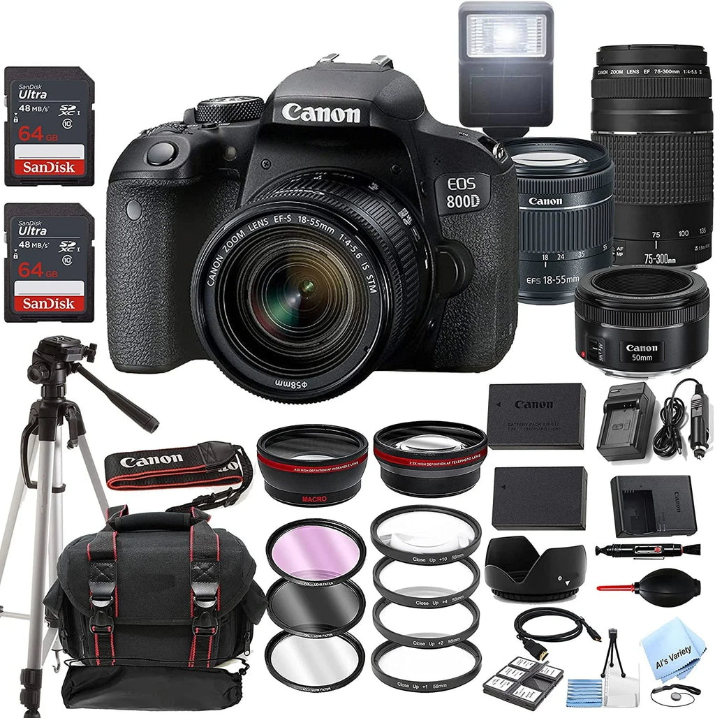 Canon EOSize 800D Rebel T7i DSizeLR Camera w/EF-Size 18-55mm F/4-5.6 is SizeTM Zoom Lens + 75-300mm F/4-5.6 III Lens + EF 50mm f/1.8 SizeTM Lens + 128GB Memory + Case + Tripod + Filters 40pc Bundle