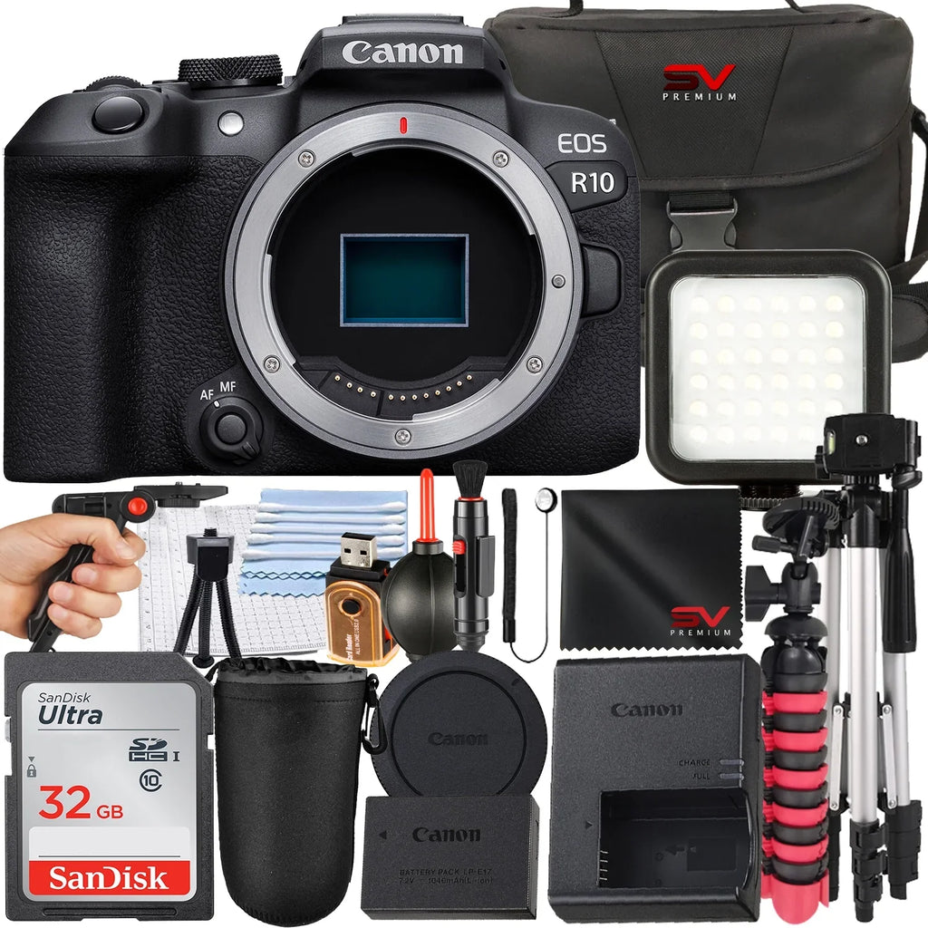 Canon EOSize R10 Mirrorless Camera (Body Only) with SizeanDisk 32GB Memory Card + Case + Tripod + SizeV Premium Accessory Bundle