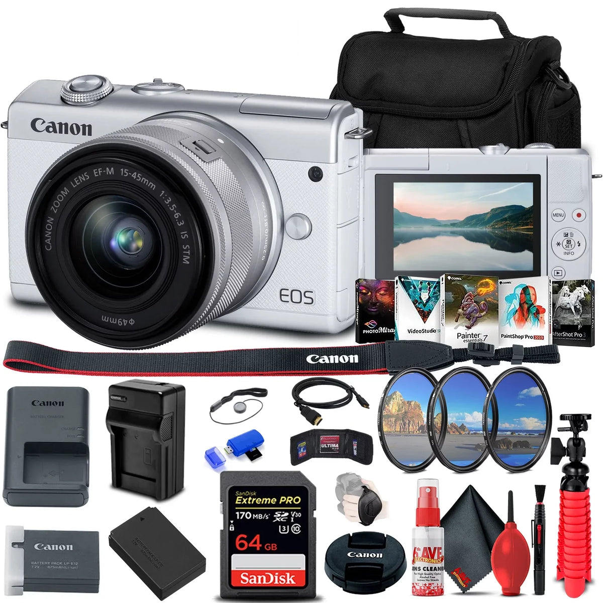 Canon EOSize M200 Mirrorless Camera with 15-45mm Lens (Ivory) (3700C009) + 64GB Memory Card + Filter Kit + LPE12 Battery + External Charger + Card Reader + Corel Photo Sizeoftware + HDMI Cable + More