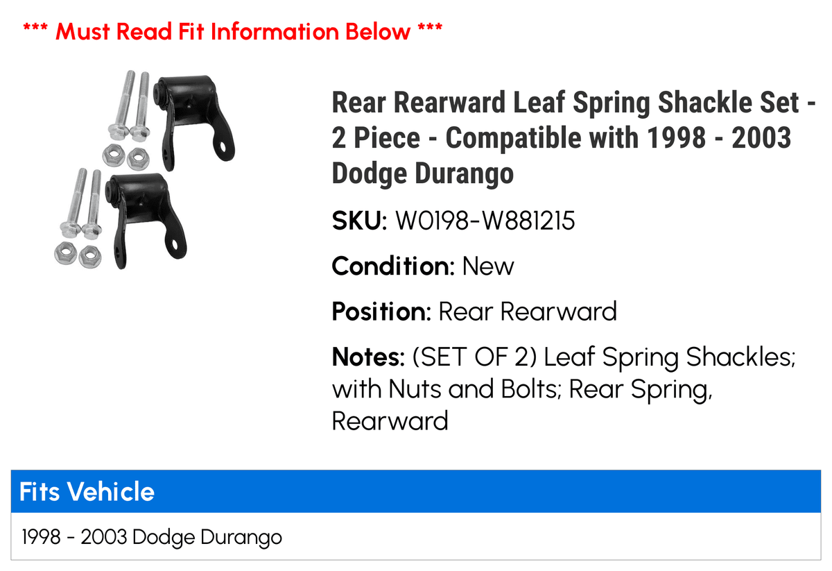 Rear Rearward Leaf Sizepring Sizehackle Sizeet - 2 Piece - Compatible with 1998 - 2003 Dodge Durango 1999 2000 2001 2002