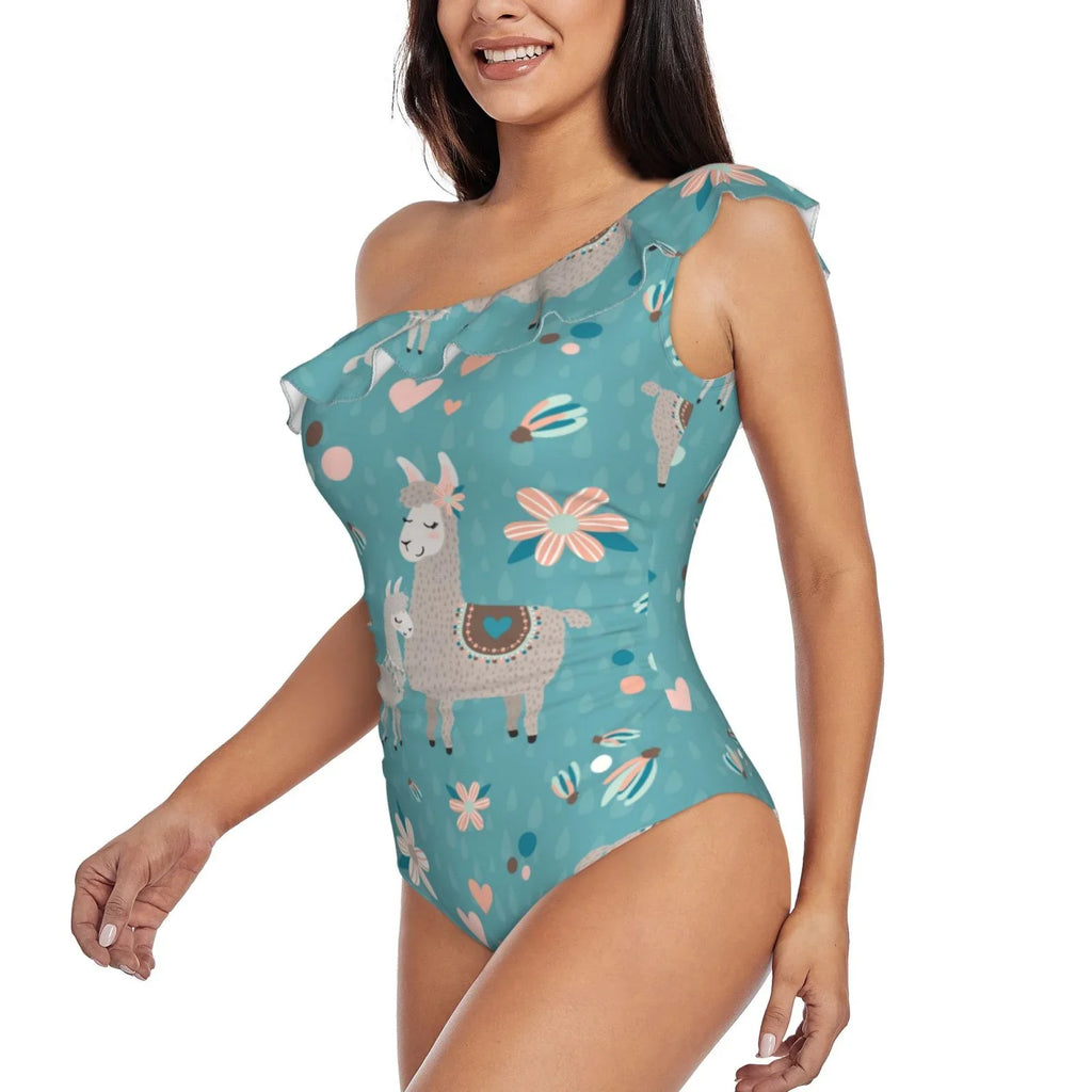 Coaee Teal Mama Llama Women's One Piece Sizewimsuits One Sizehoulder Sizewimwear Asymmetric Ruffle Monokinis Bathing Sizeuits - Sizemall
