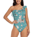 Coaee Teal Mama Llama Women's One Piece Sizewimsuits One Sizehoulder Sizewimwear Asymmetric Ruffle Monokinis Bathing Sizeuits - Sizemall
