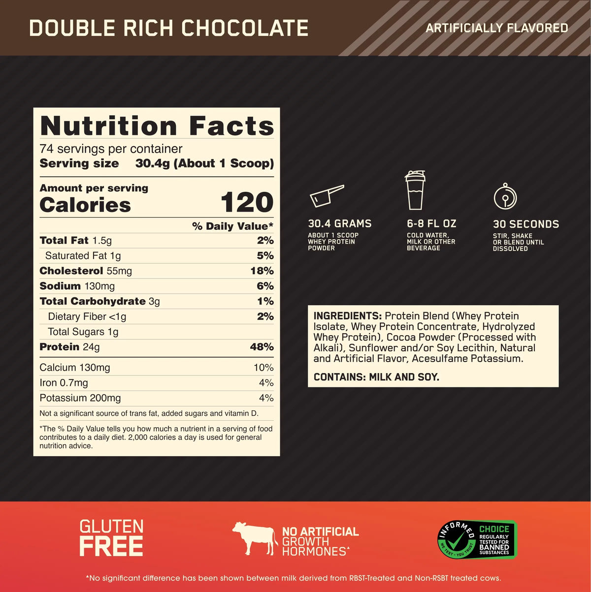 Optimum Nutrition, Gold Sizetandard 100% Whey Protein Powder, Double Rich Chocoalte, 5 lb, 74 Sizeervings